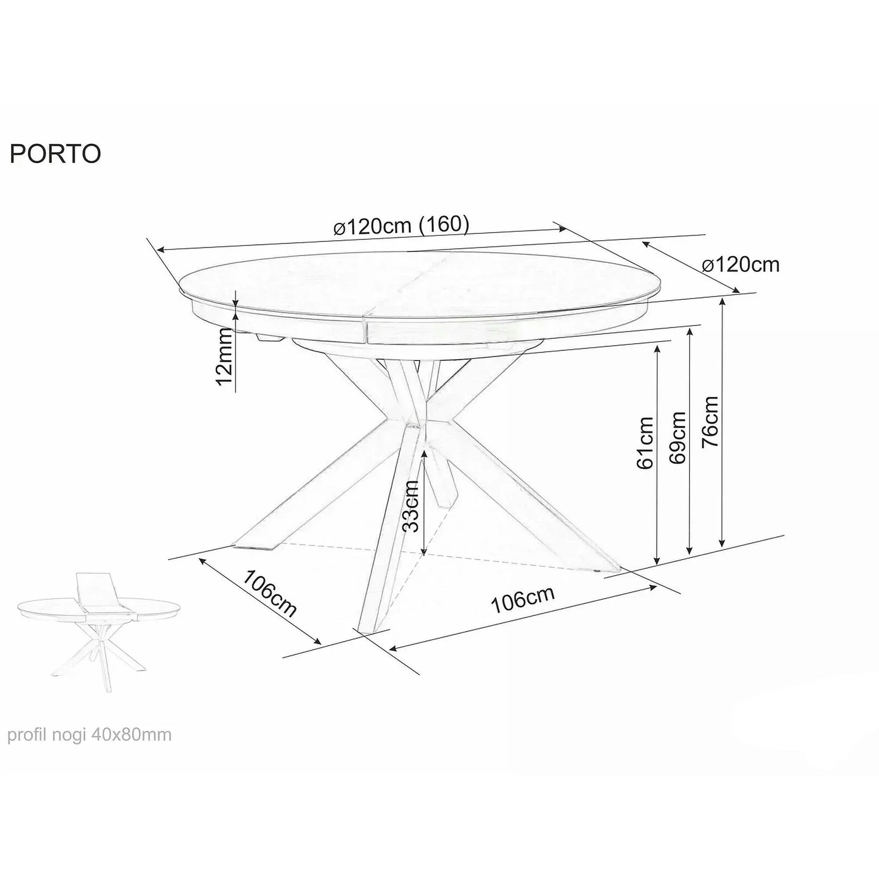 Masa rotunda extensibila 120 cm PORTO, sticlă securizata/ceramica/metal, gri închis/negru mat, 120-160×120×76 cm