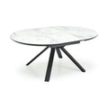 Masa rotunda extensibila 6 persoane VERTIGO, MDF lacuit/sticlă/otel acoperit cu pulbere, alb cu efect de marmura/negru, 130-180×130×76 cm