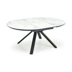 Masa rotunda extensibila 6 persoane VERTIGO, MDF lacuit/sticlă/otel acoperit cu pulbere, alb cu efect de marmura/negru, 130-180×130×76 cm