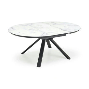 Masa rotunda extensibila 6 persoane VERTIGO, alb cu efect de marmura/negru, 130/180x130x76 cm