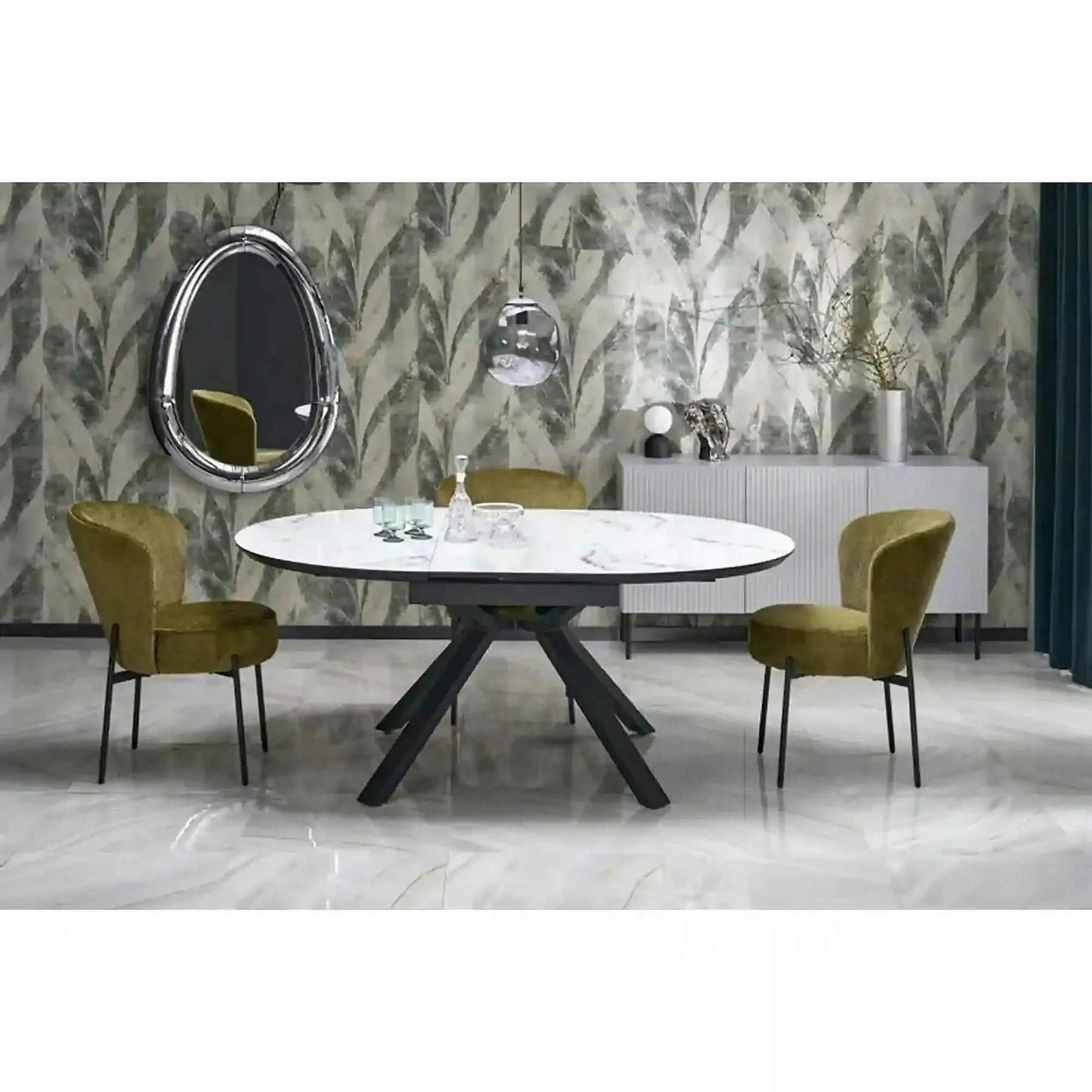 Masa rotunda extensibila 6 persoane VERTIGO, MDF lacuit/sticlă/otel acoperit cu pulbere, alb cu efect de marmura/negru, 130-180×130×76 cm