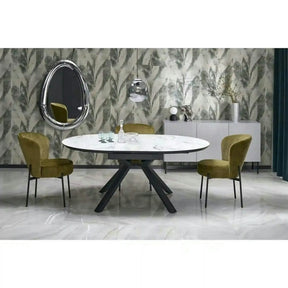 Masa rotunda extensibila 6 persoane VERTIGO, MDF lacuit/sticlă/otel acoperit cu pulbere, alb cu efect de marmura/negru, 130-180×130×76 cm