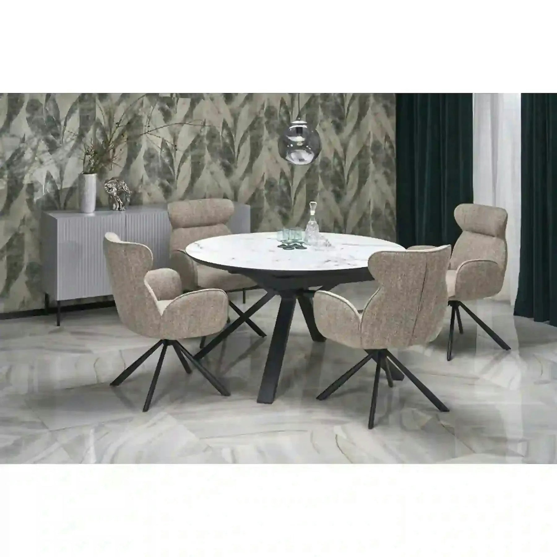 Masa rotunda extensibila 6 persoane VERTIGO, MDF lacuit/sticlă/otel acoperit cu pulbere, alb cu efect de marmura/negru, 130-180×130×76 cm