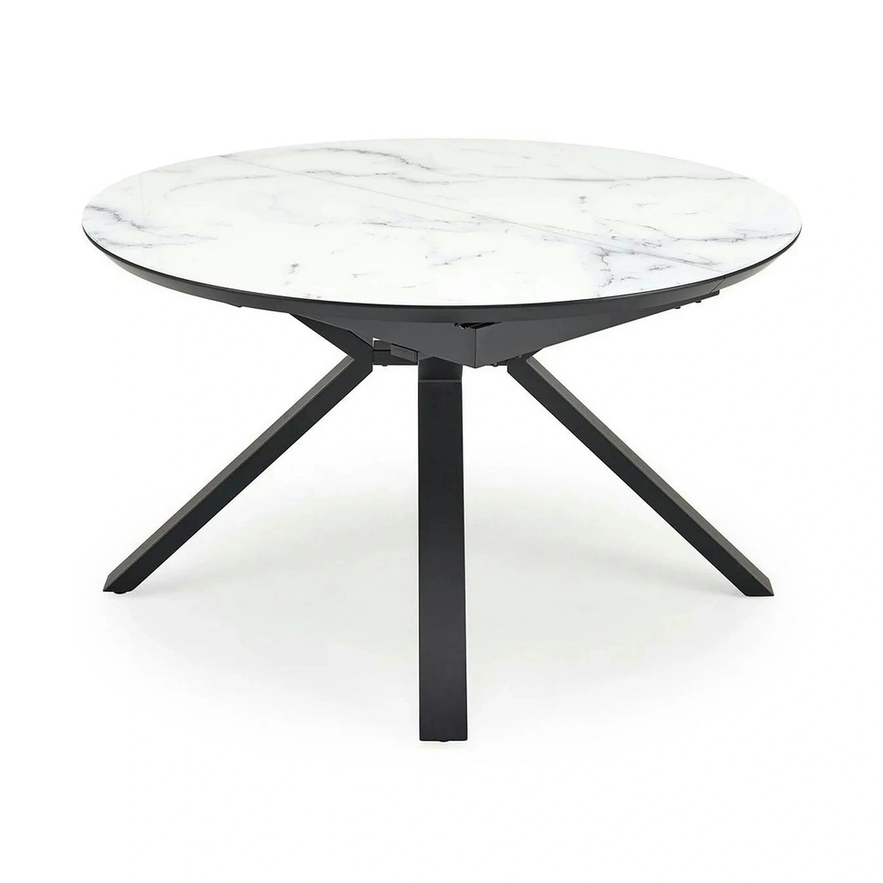 Masa rotunda extensibila 6 persoane VERTIGO, MDF lacuit/sticlă/otel acoperit cu pulbere, alb cu efect de marmura/negru, 130-180×130×76 cm