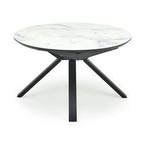 Masa rotunda extensibila 6 persoane VERTIGO, MDF lacuit/sticlă/otel acoperit cu pulbere, alb cu efect de marmura/negru, 130-180×130×76 cm