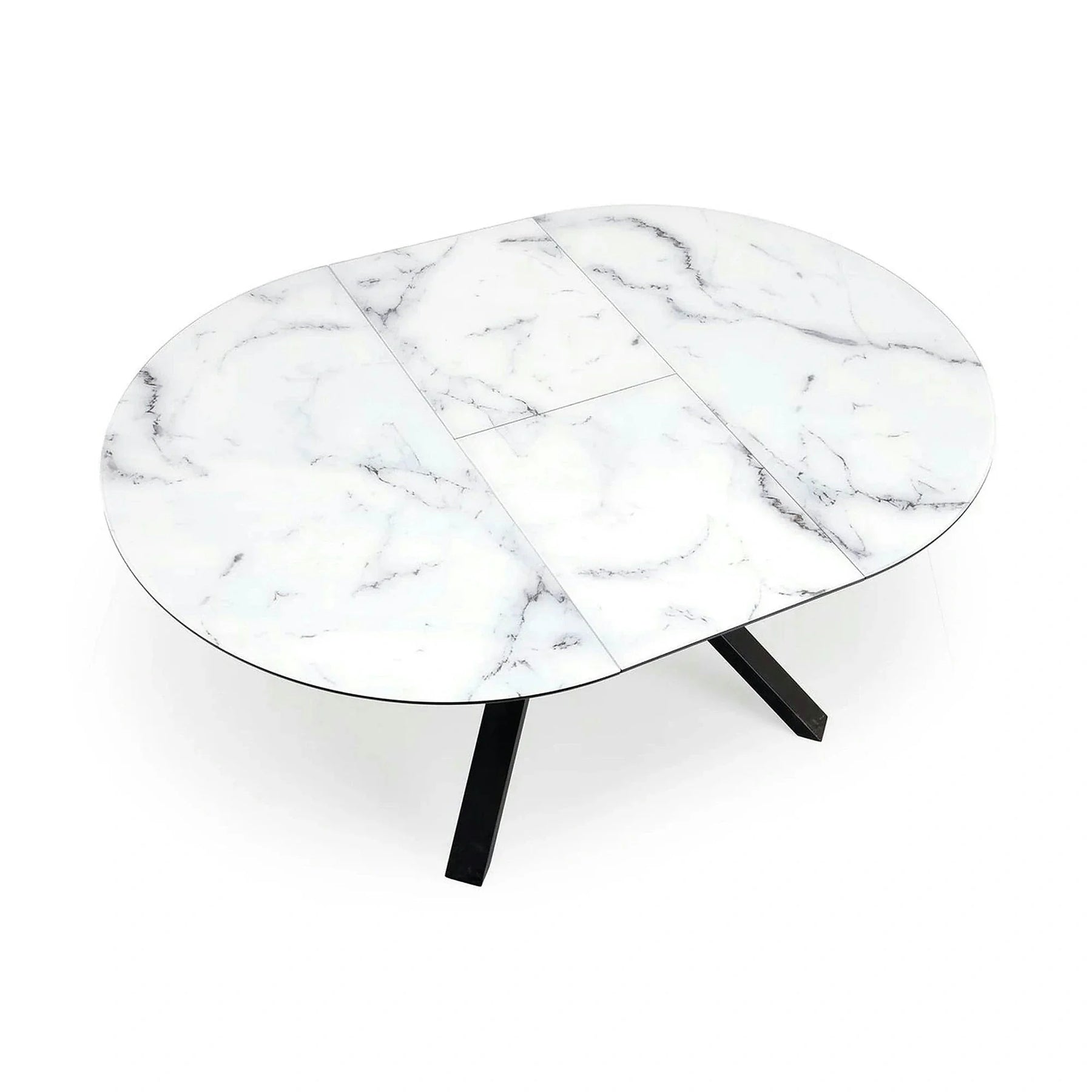 Masa rotunda extensibila 6 persoane VERTIGO, MDF lacuit/sticlă/otel acoperit cu pulbere, alb cu efect de marmura/negru, 130-180×130×76 cm