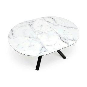 Masa rotunda extensibila 6 persoane VERTIGO, MDF lacuit/sticlă/otel acoperit cu pulbere, alb cu efect de marmura/negru, 130-180×130×76 cm