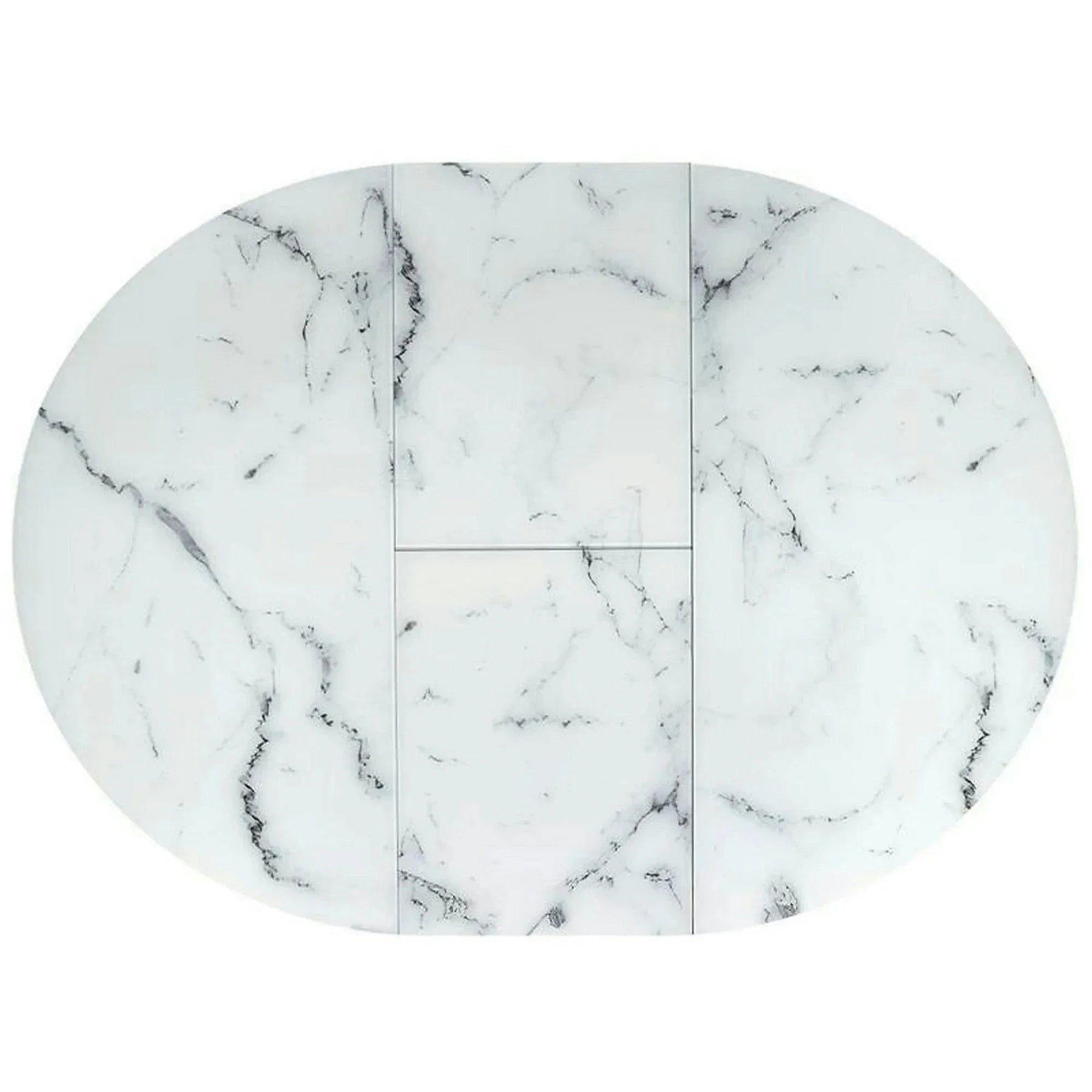 Masa rotunda extensibila 6 persoane VERTIGO, MDF lacuit/sticlă/otel acoperit cu pulbere, alb cu efect de marmura/negru, 130-180×130×76 cm