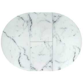 Masa rotunda extensibila 6 persoane VERTIGO, MDF lacuit/sticlă/otel acoperit cu pulbere, alb cu efect de marmura/negru, 130-180×130×76 cm