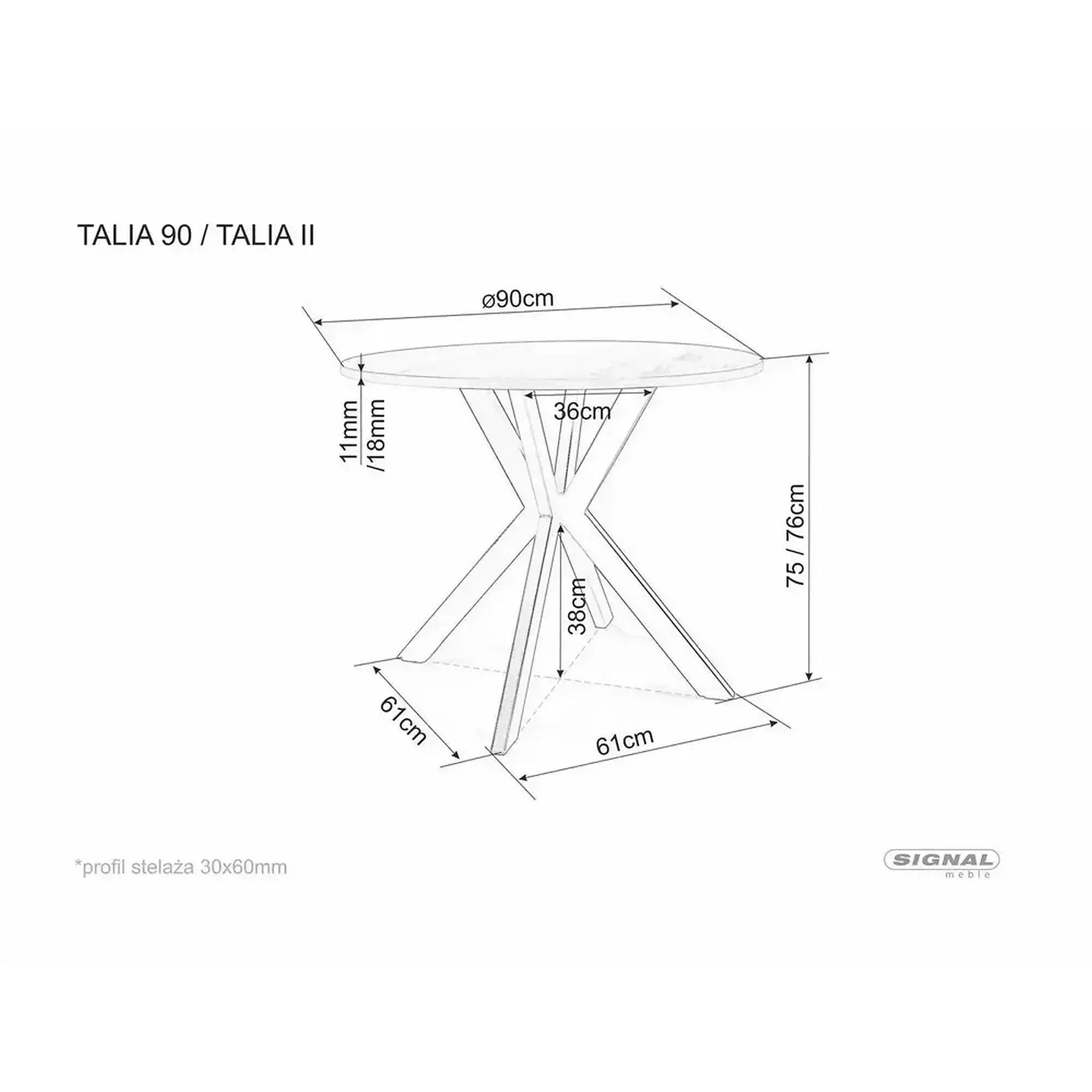 Masa rotunda TALIA, ceramica/metal, gri cu efect de marmura/negru mat, 90×90×75 cm