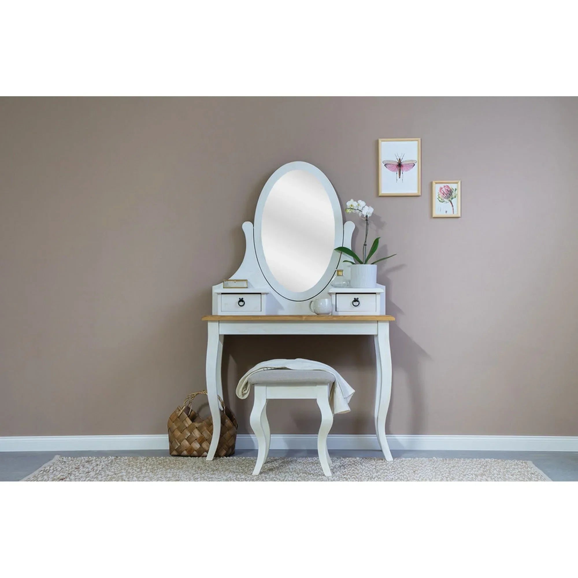 Masa toaleta cu taburet si oglinda DETROIT OCN-39297, stejar/alb