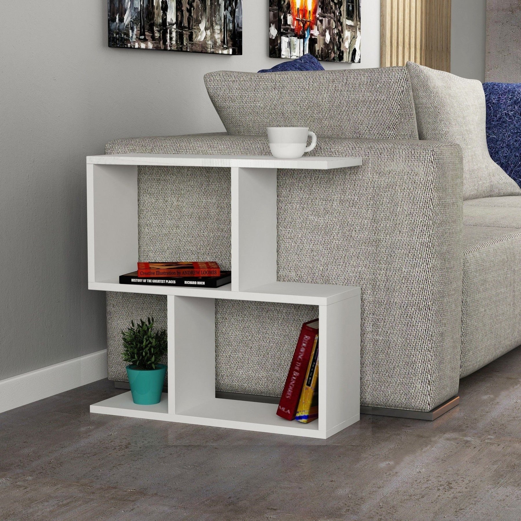 Măsuță albă modernă, perfectă pentru living, cu spațiu de depozitare – primabucata