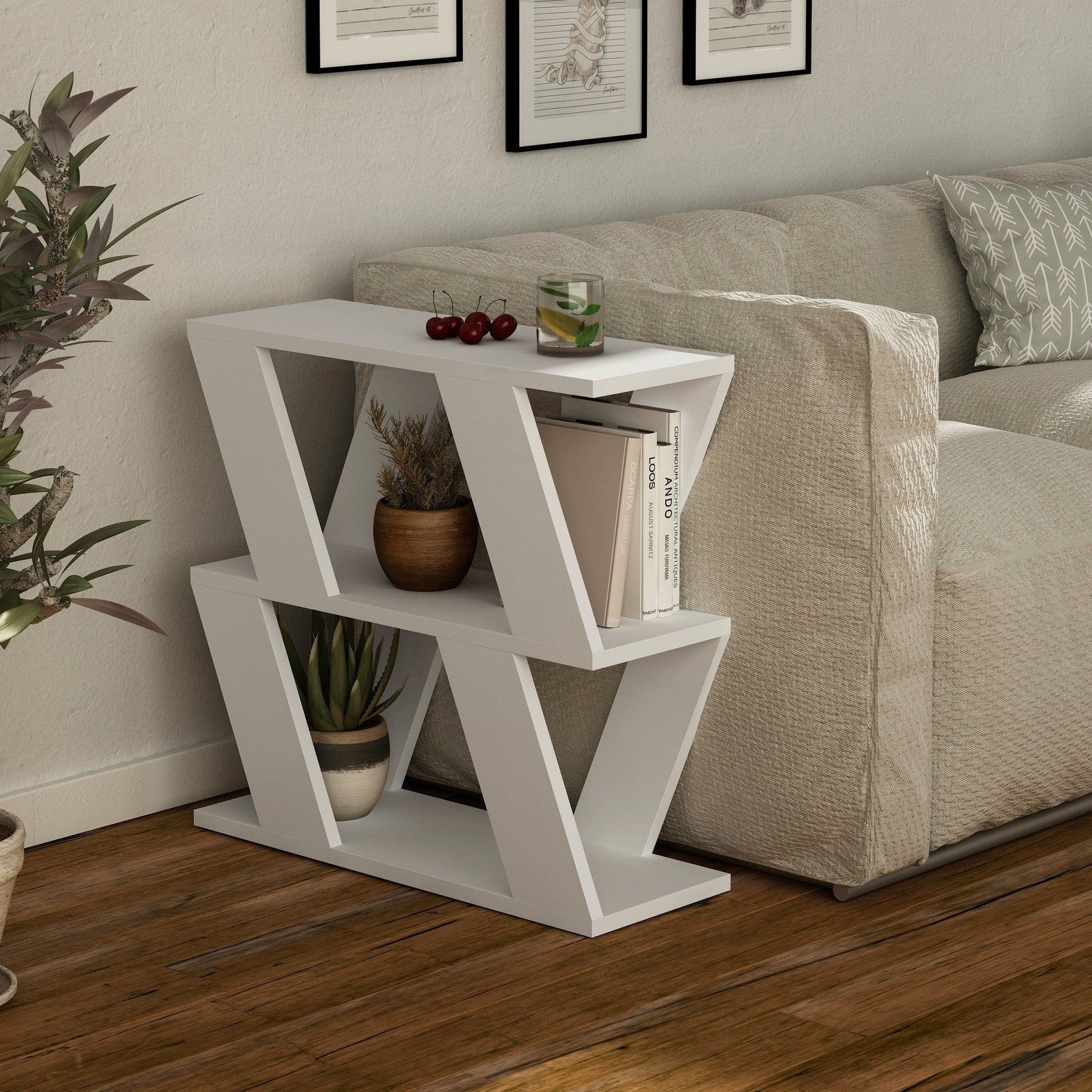 Măsuță albă modernă, cu design geometric, într-un living elegant – primabucata