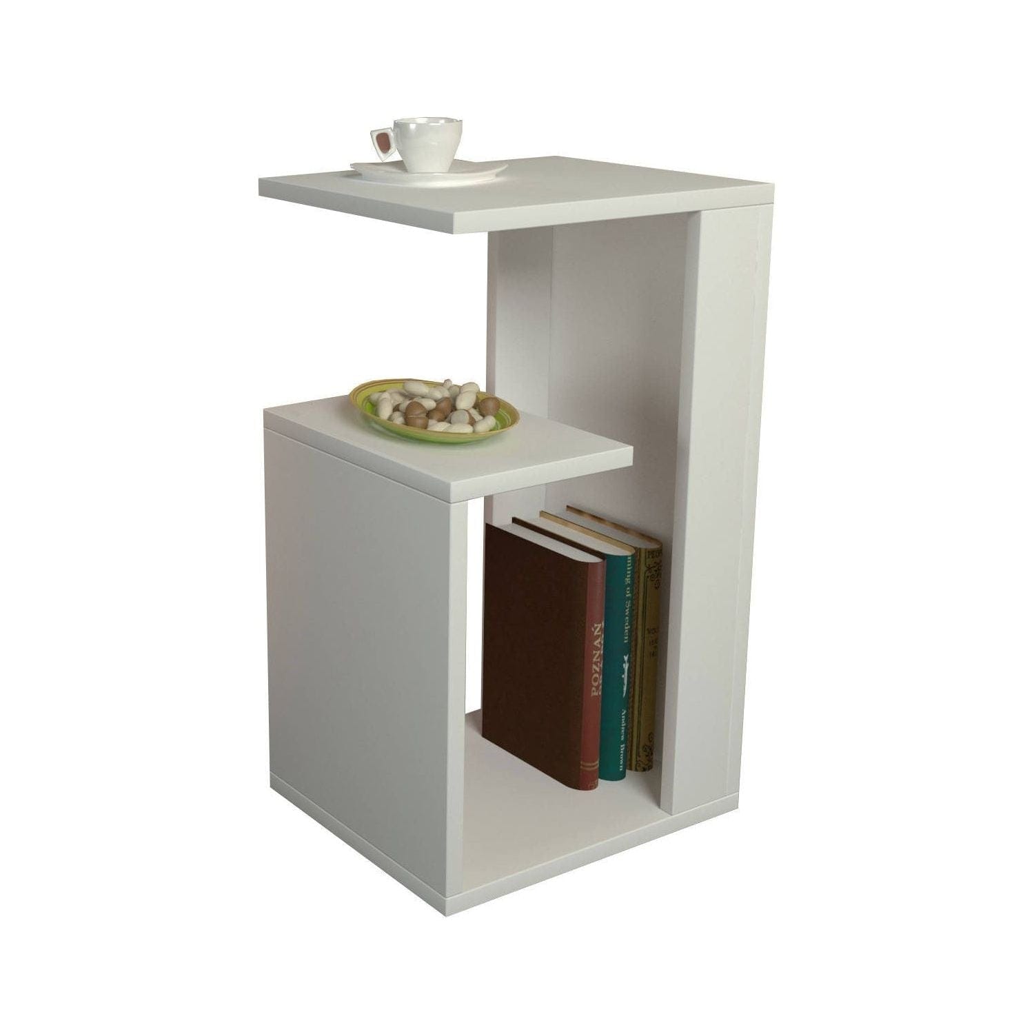 Măsuță albă modernă, ideală pentru living, cu spațiu de depozitare – primabucata