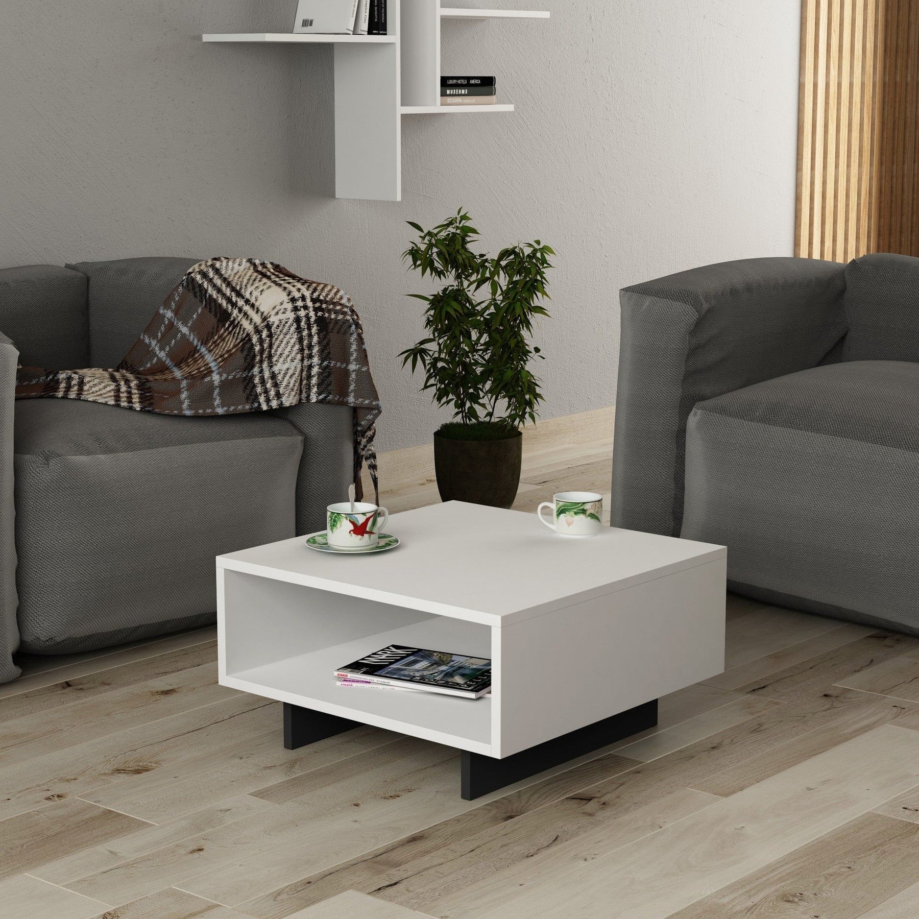 Măsuță de cafea albă cu detalii gri antracit, perfectă pentru un living modern – primabucata