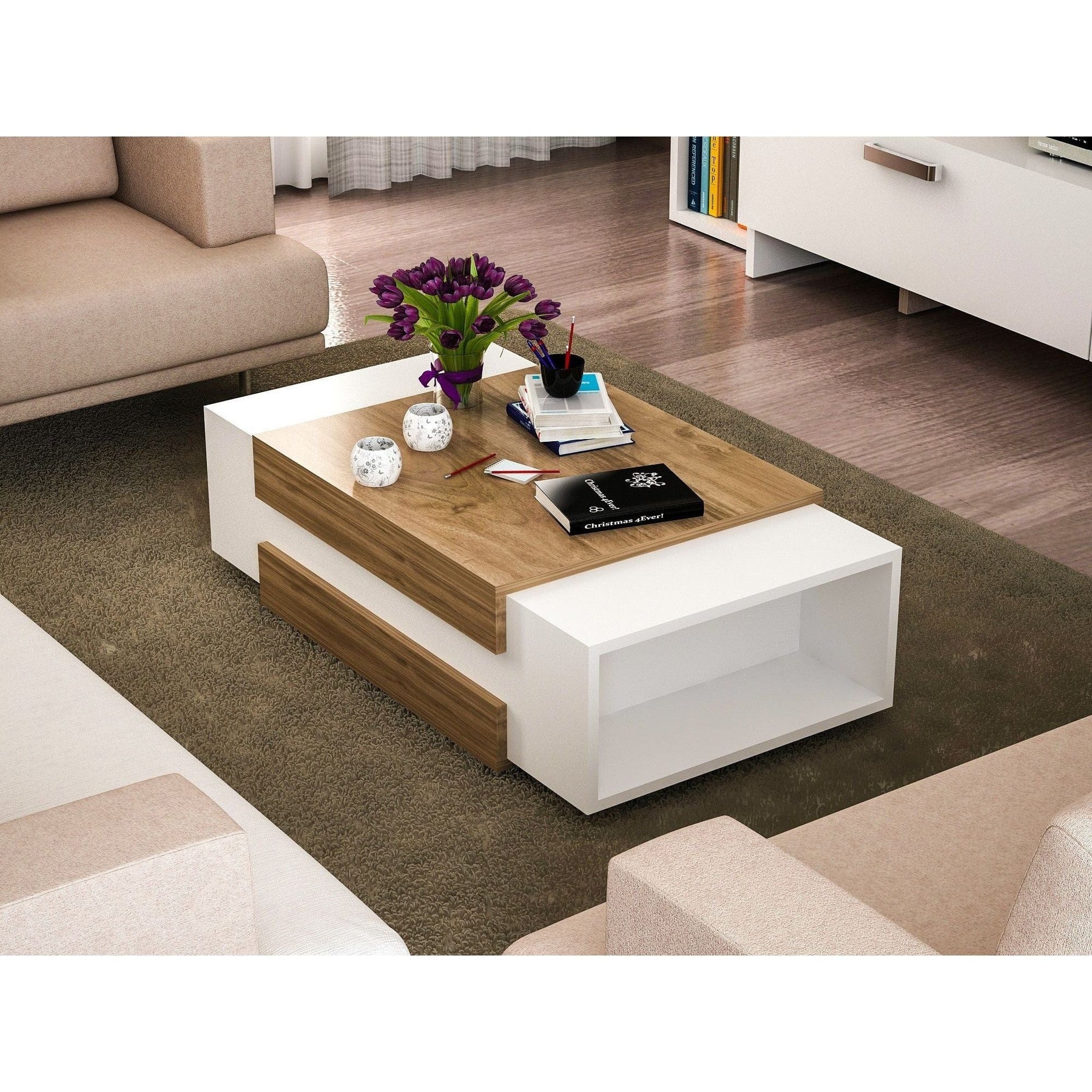 Masă de cafea albă cu detalii din nuc, perfectă pentru un living modern – primabucata
