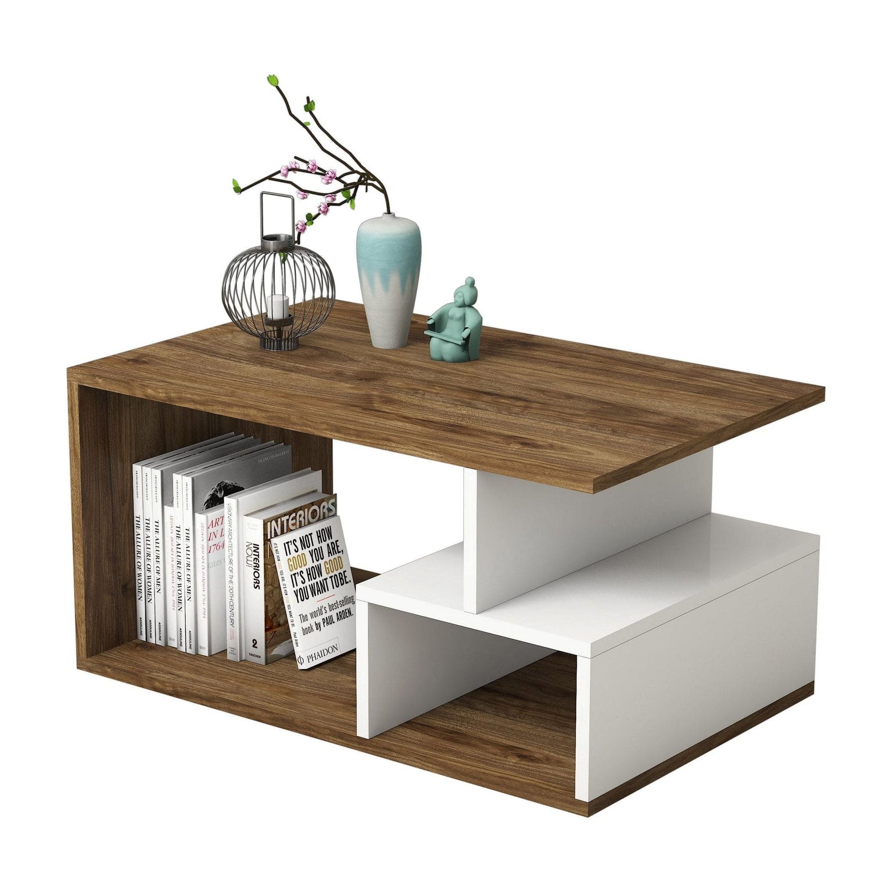 Masă de cafea din nuc și alb, cu rafturi pentru cărți, ideală pentru living – primabucata