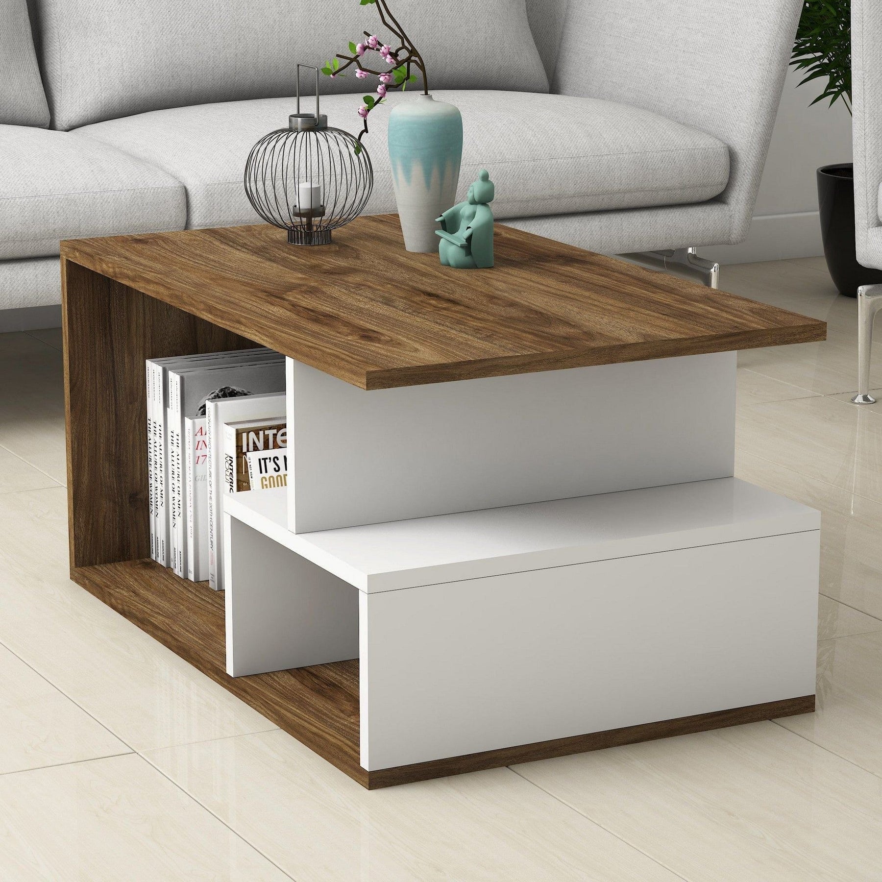 Măsuță de cafea din nuc și alb, cu spațiu de depozitare, într-un living modern – primabucata