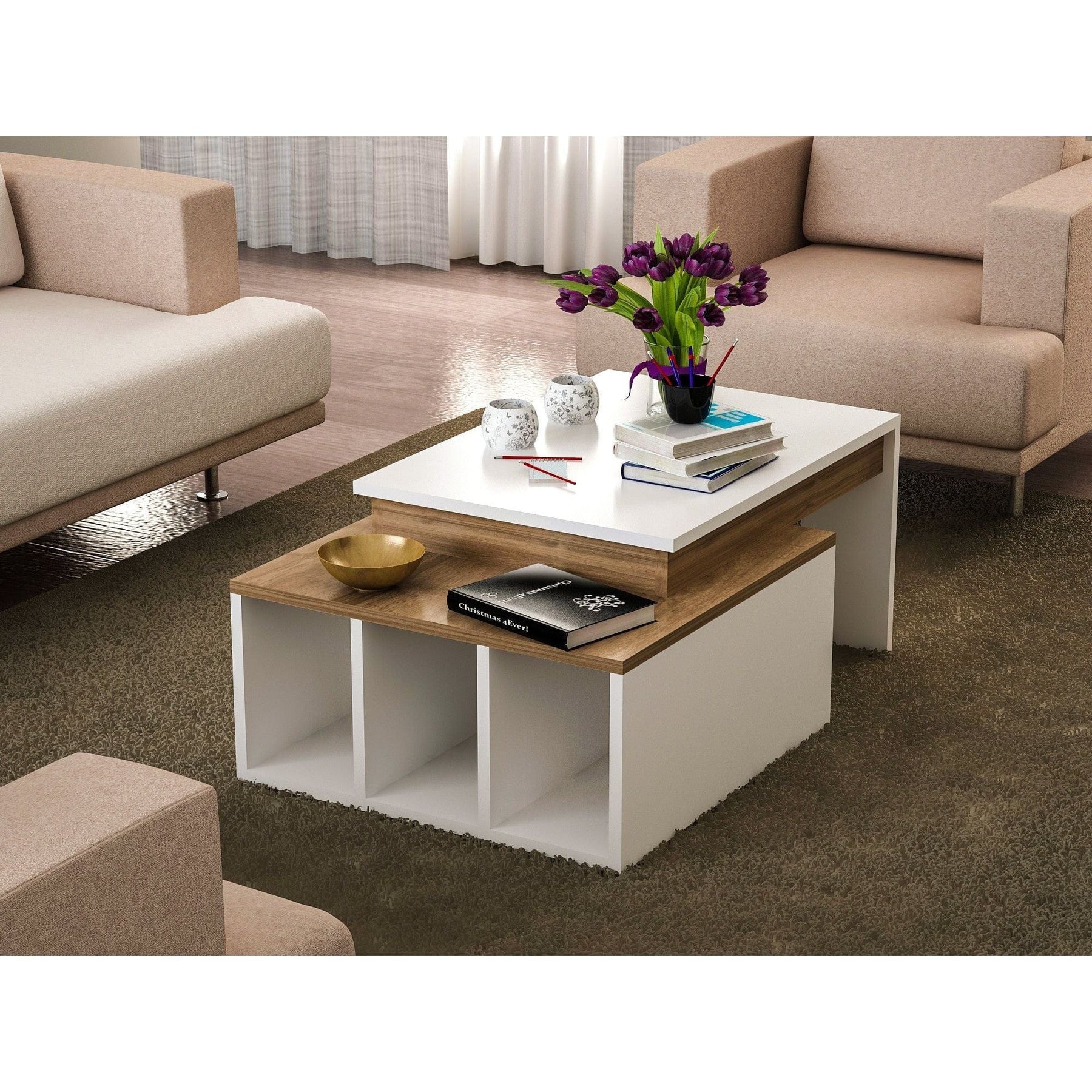 Masă de cafea albă cu detalii din lemn, perfectă pentru un living modern – primabucata