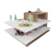 Măsuță de cafea albă cu detalii din nuc, ideală pentru un living modern – primabucata