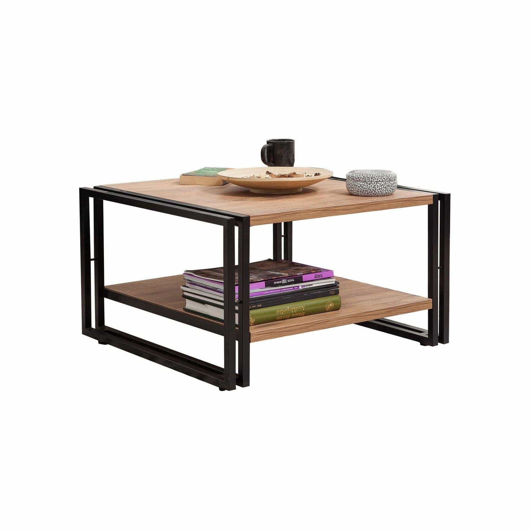 Masă de cafea stejar/negru cu două rafturi, ideală pentru living – primabucata