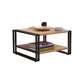 Masă de cafea stejar/negru cu două rafturi, ideală pentru living – primabucata