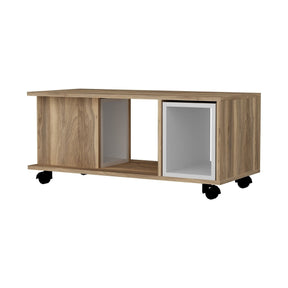Masă de cafea albă și nuc, cu rotițe, ideală pentru living – primabucata