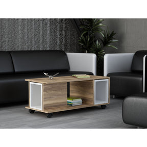 Măsuță de cafea alb și nuc, cu roți, într-un living modern – primabucata