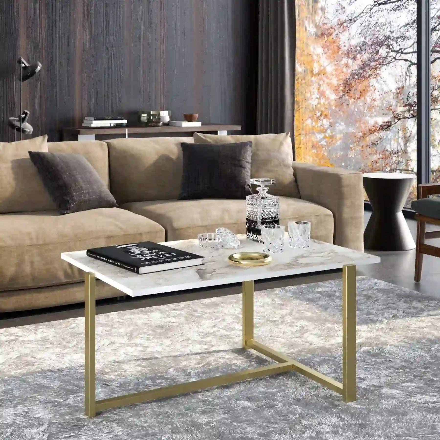 Măsuță de cafea albă cu detalii aurii, perfectă pentru un living modern – primabucata