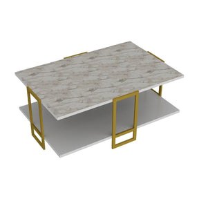 Măsuță de cafea albă cu detalii aurii, ideală pentru un living modern – primabucata
