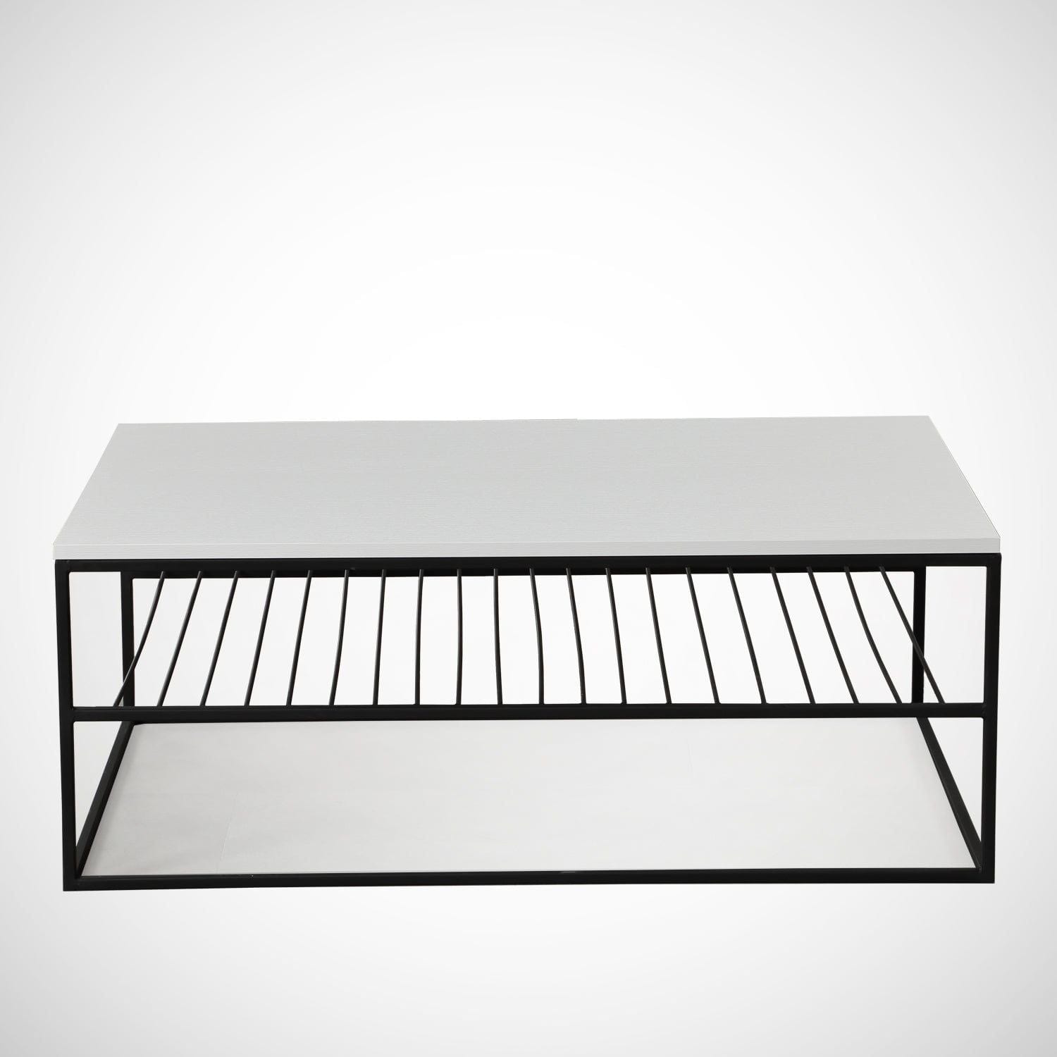 Măsuță de cafea albă cu structură neagră, ideală pentru un living modern – primabucata