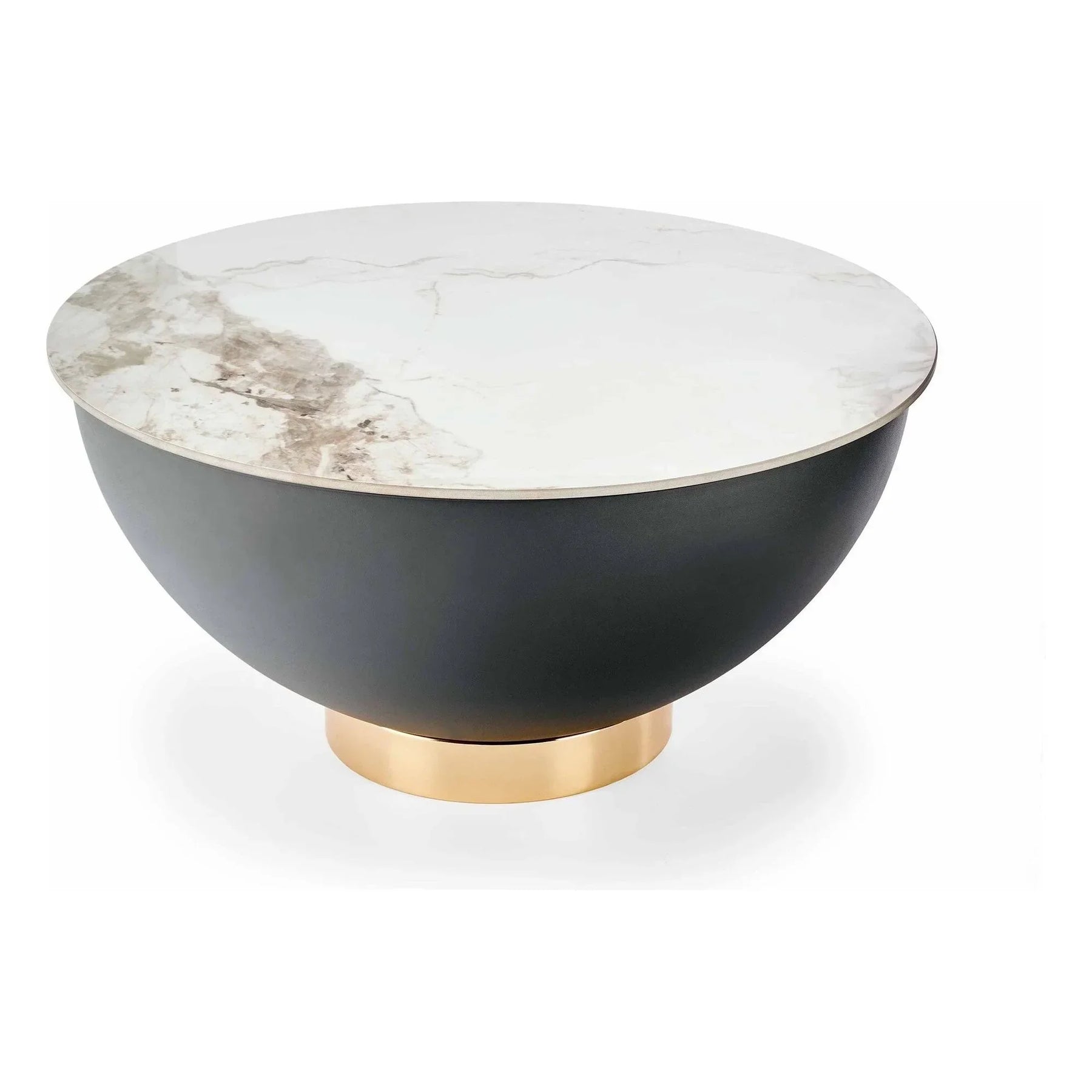 Masă de cafea rotundă albă cu detalii negre și aurii, ideală pentru un living modern – primabucata