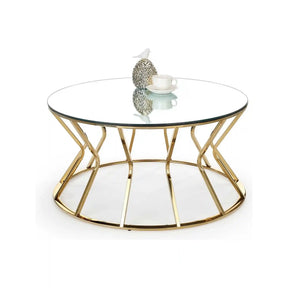 Măsuță de cafea rotundă, cu bază aurie și sticlă, ideală pentru un living elegant – primabucata