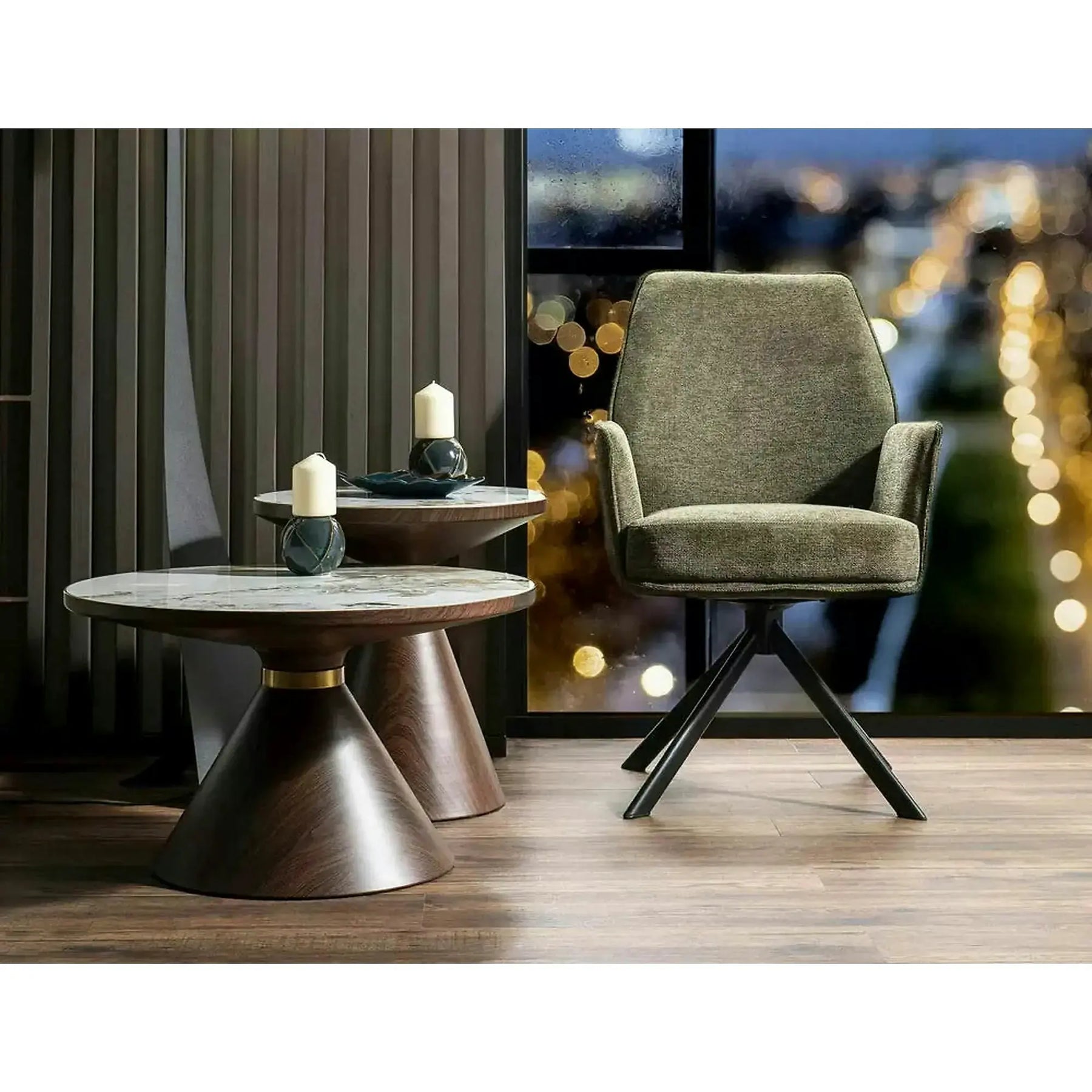 Masuta NAPA A, ceramica/metal, alb cu efect de marmura/nuc/auriu, 70×70×43 cm