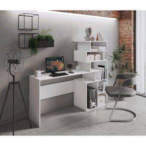 Birou MAXIM, alb mat, cu spatii depozitare, 158x40x134 cm