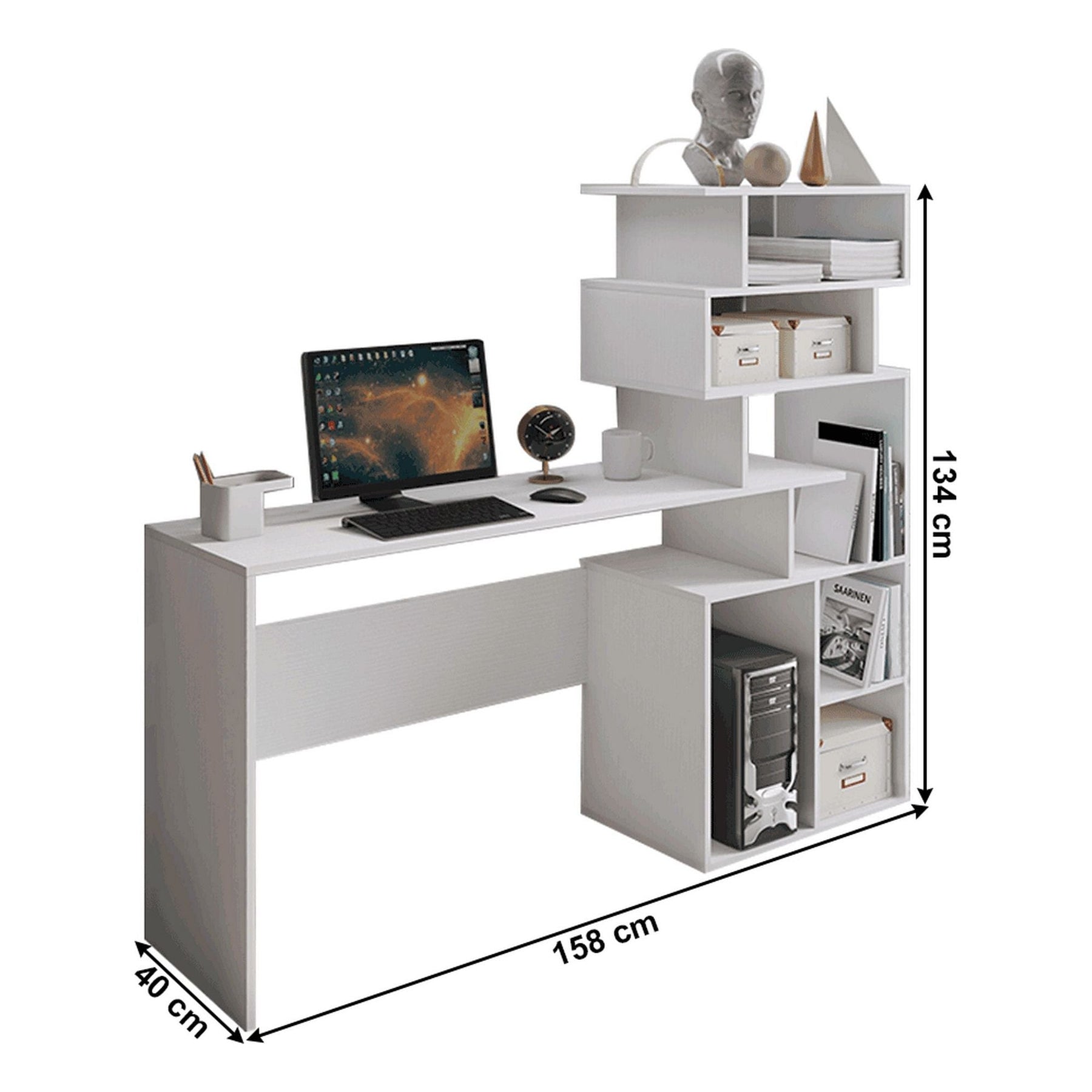 Birou MAXIM, alb mat, cu spatii depozitare, 158x40x134 cm