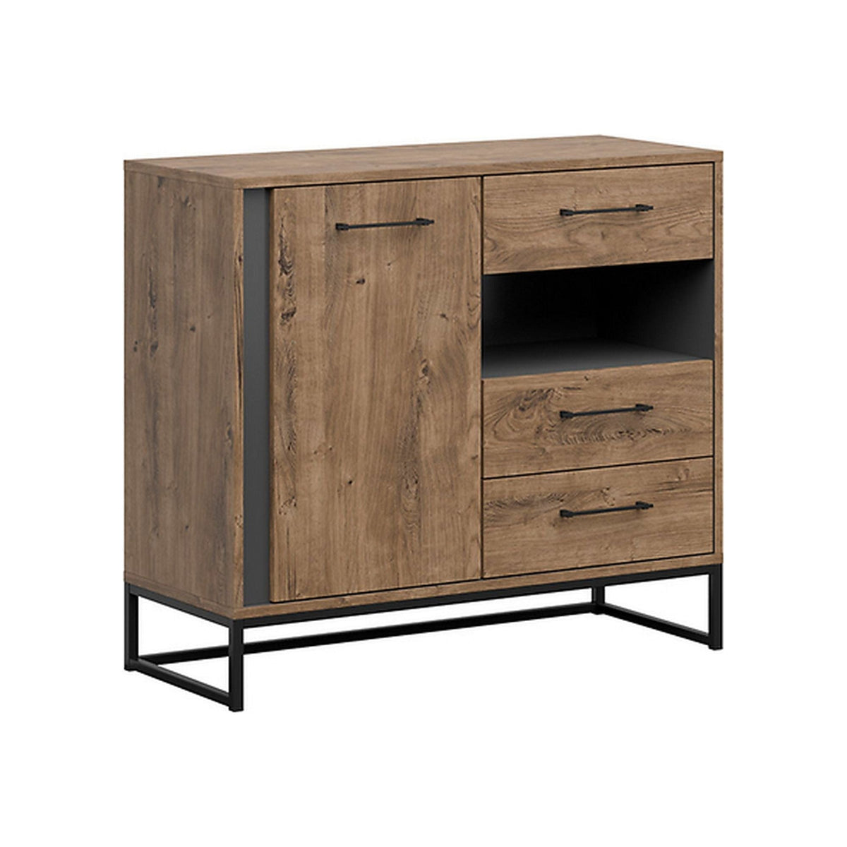 Comoda Luton cu 3 sertare si o usa, grafit/ stejar ribbeck maro, 40X100X89.5 cm