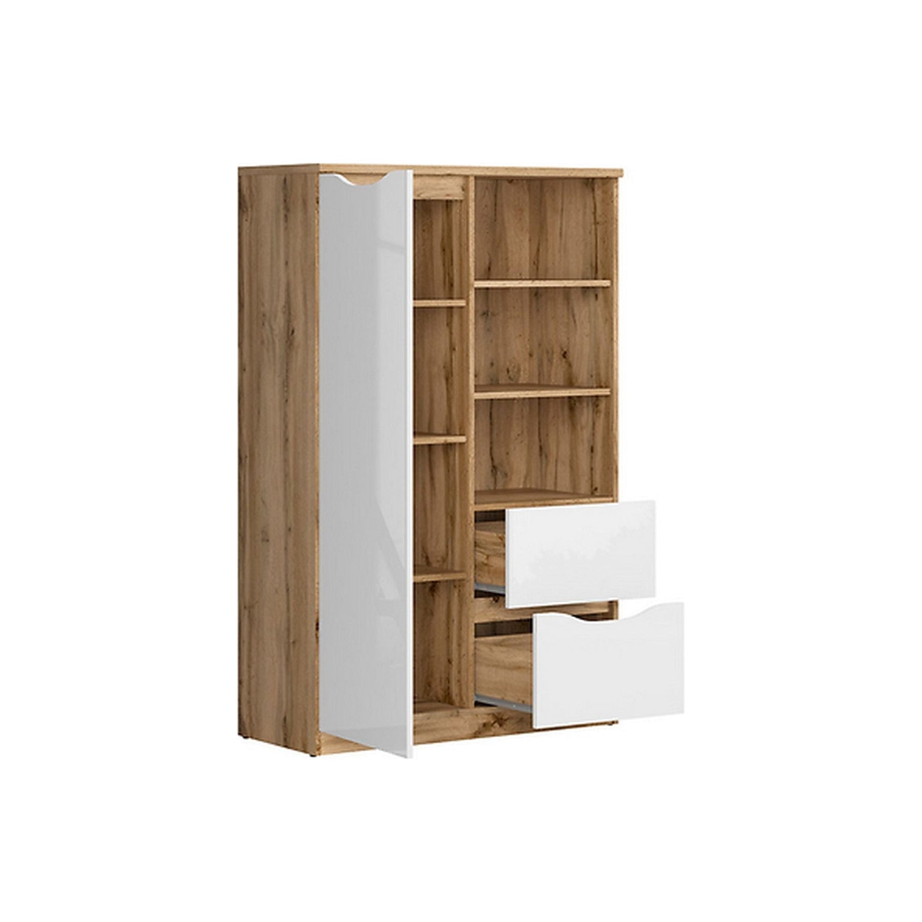 Biblioteca Nuis cu 2 rafturi, 2 sertare si o usa, alb lucios, 39.5X90X147.5 cm