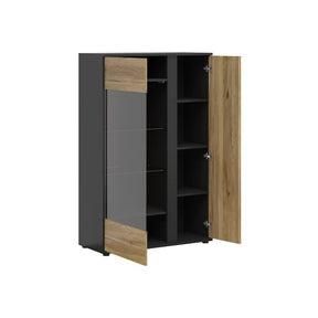 Vitrina LUEN, stejar/negru, PAL laminat/sticla securizata, 95x40x146 cm