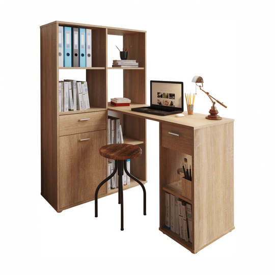 Birou MINESON, PC cu etajeră, stejar sonoma, 124x145x90 cm