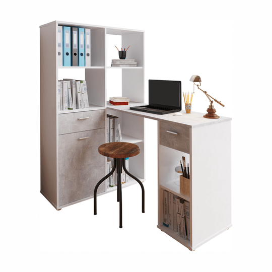 Birou MINESON, PC cu etajeră, alb/beton, 124x145x90 cm