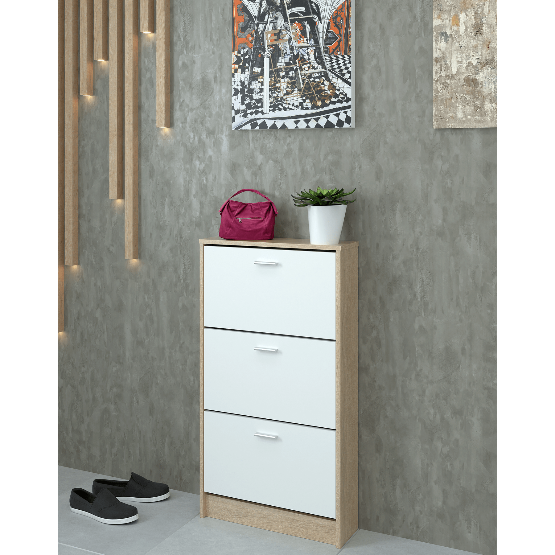 Pantofar MOBI 13, stejar sonoma/alb, 3 usi, 58x18x107 cm