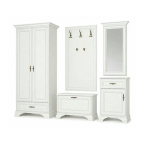 Mobilier hol cu oglinda IDENTO 2, alb, PAL melaminat, format din cuier, pantofar, comoda si dulap
