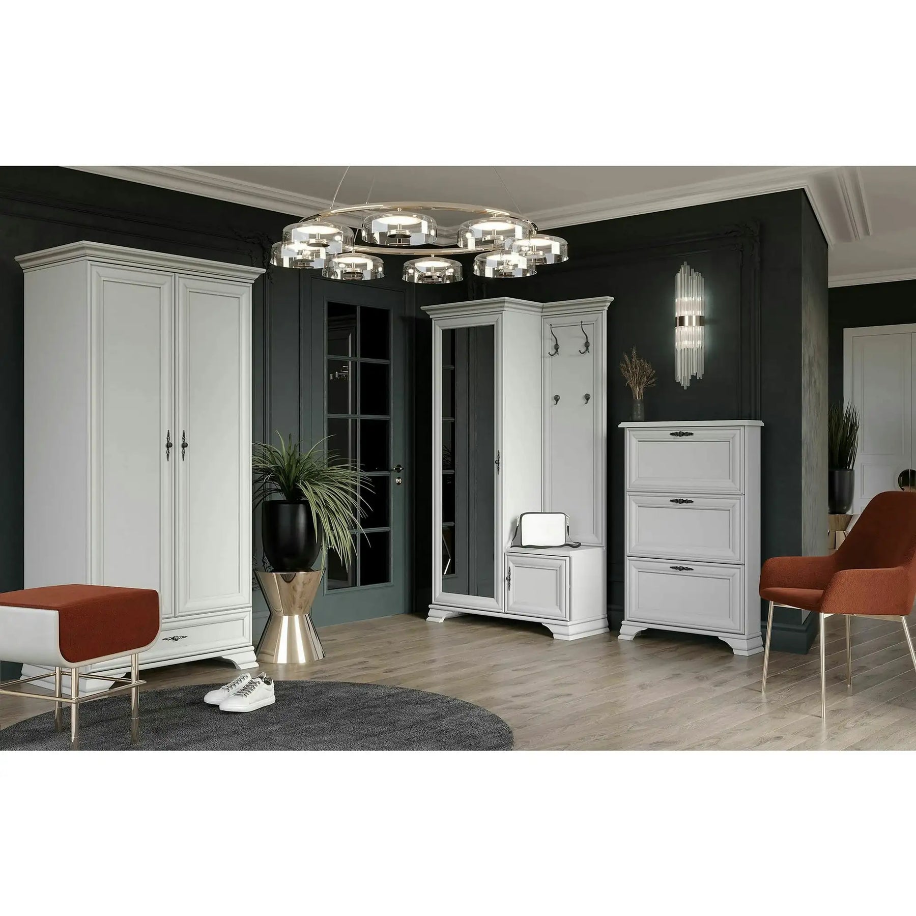 Mobilier hol cu oglinda IDENTO 3, alb, PAL melaminat, format din 3 piese