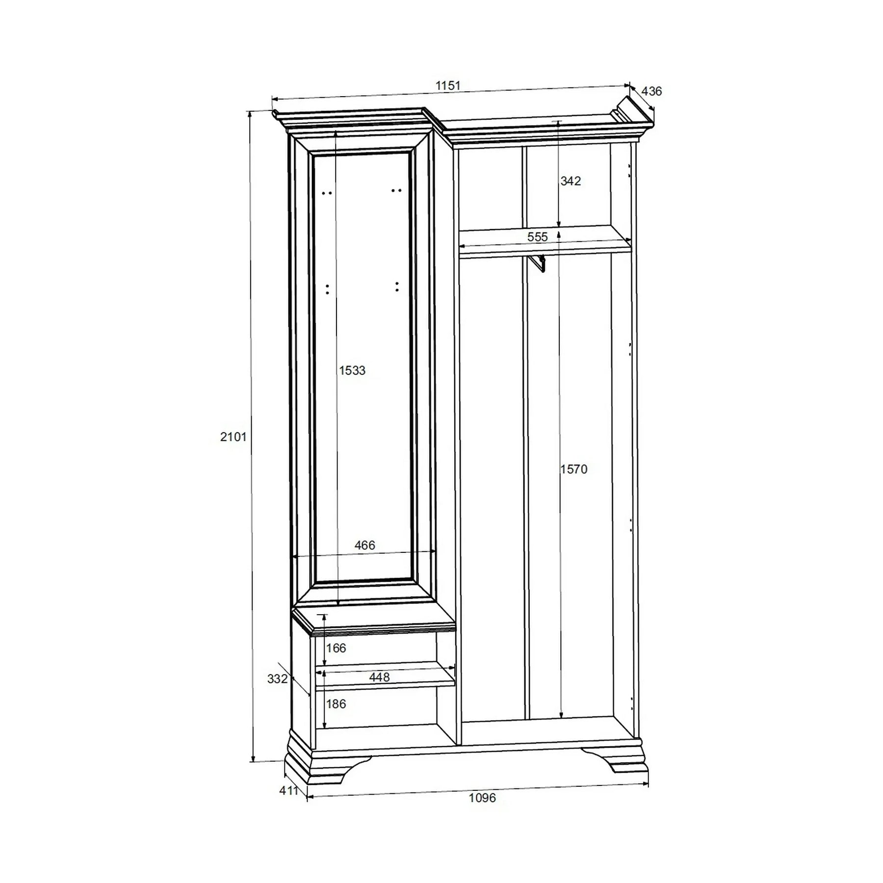 Mobilier hol cu oglinda IDENTO, PAL/MDF, alb, 115.1×43.6×210.1 cm