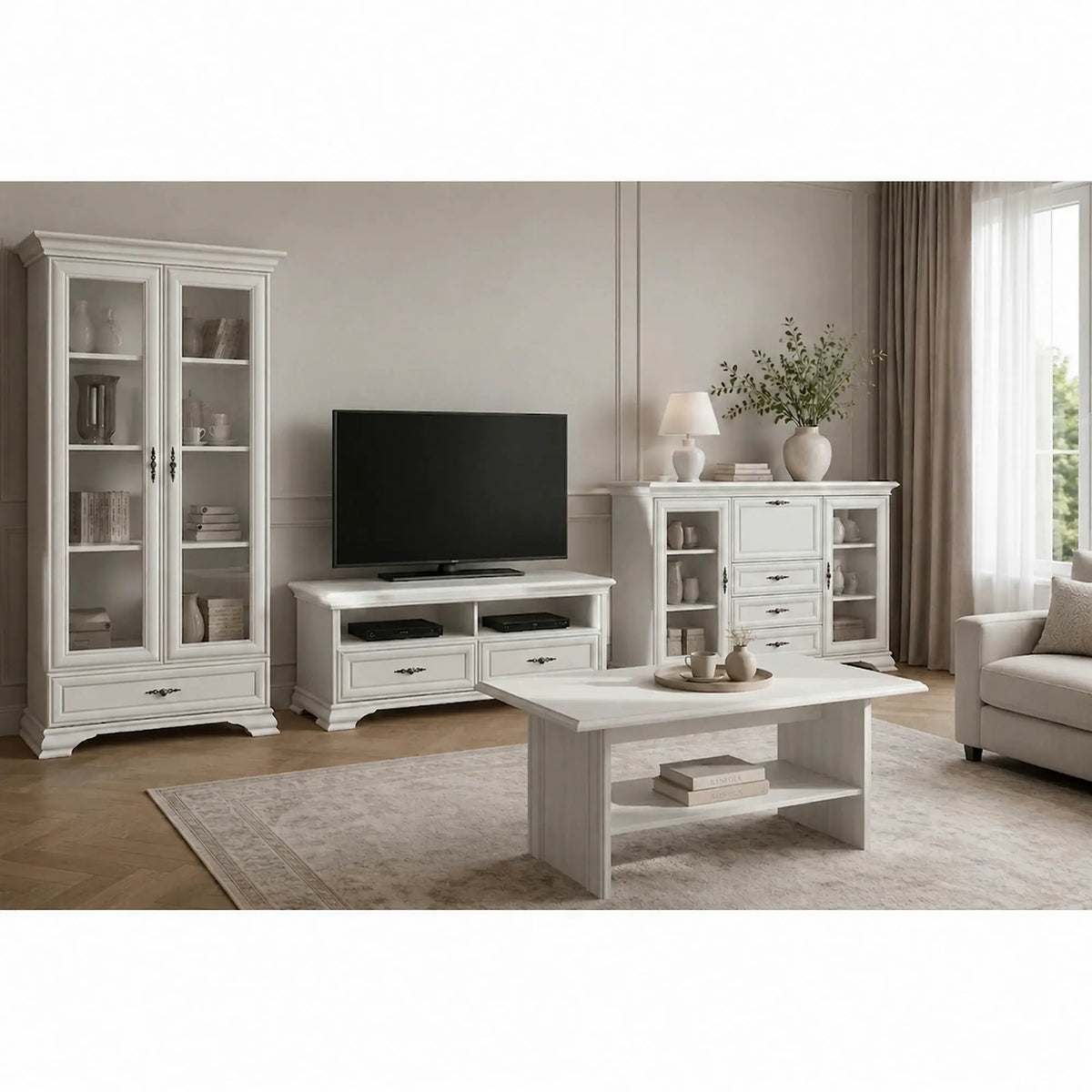 Mobilier living alb clasic IDENTO 6, format din 2 vitrine, masuta cafea si comoda TV