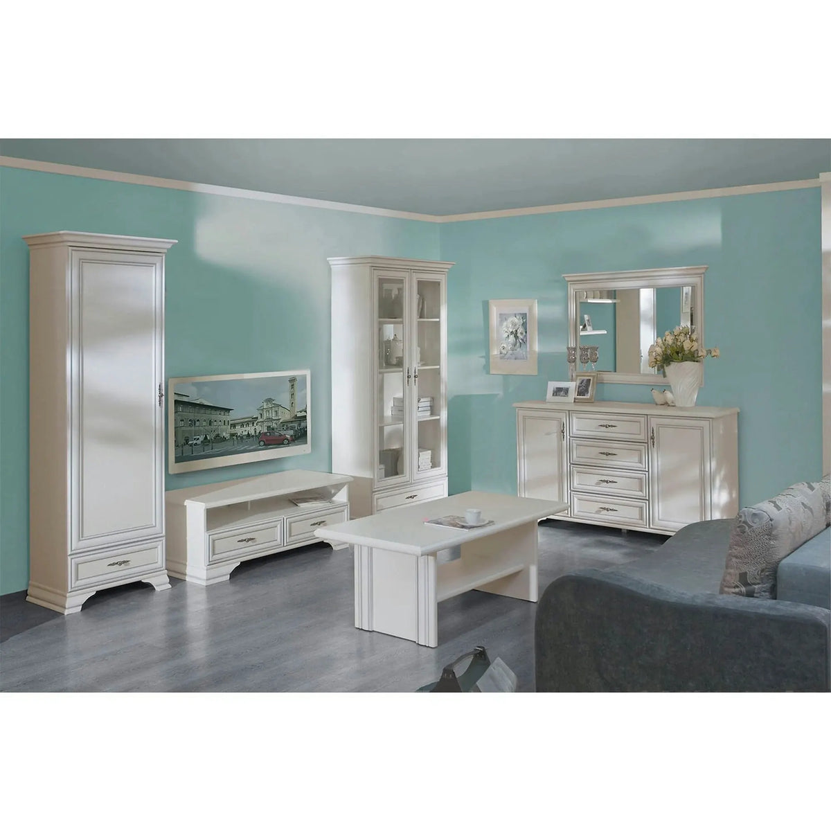 Mobilier living alb clasic IDENTO 7, format din vitrina, dulap, comoda, masuta cafea si comoda TV