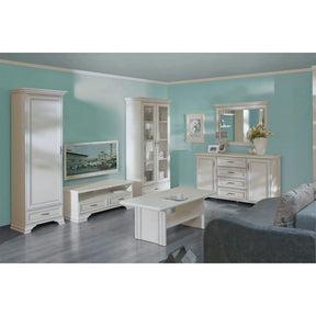 Mobilier living alb clasic IDENTO 7, format din vitrina, dulap, comoda, masuta cafea si comoda TV
