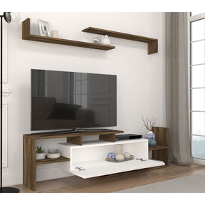 Mobilier living alb și nuc, cu suport pentru TV, într-un decor modern – primabucata