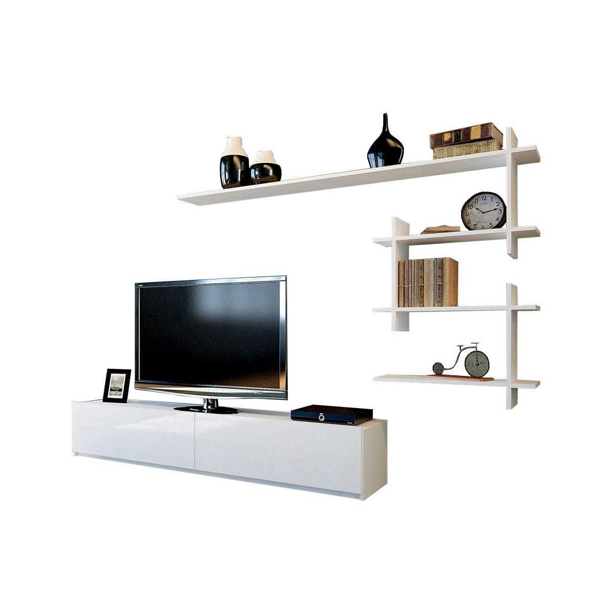 Mobilier living alb modern, cu suport pentru TV și rafturi decorative – primabucata